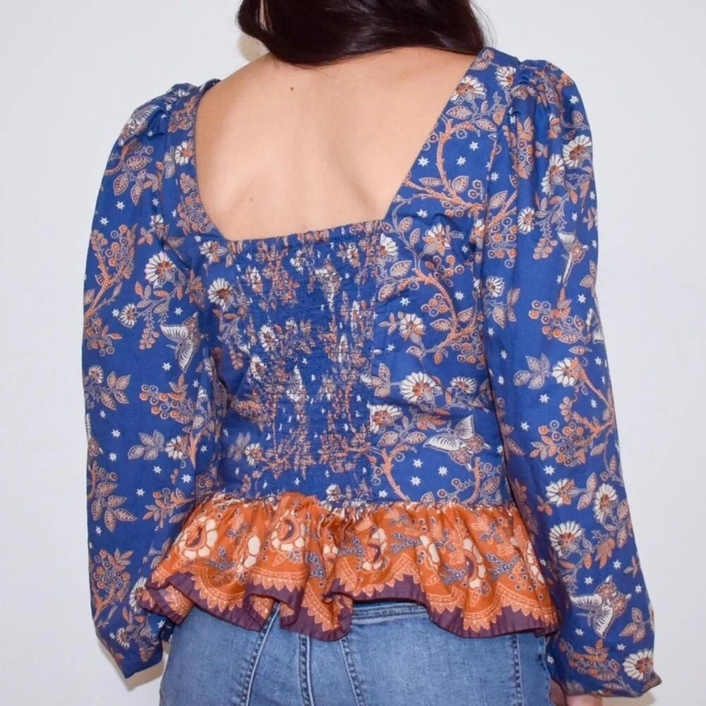 House of Harlow 1960 Nastassia blue and orange floral billowy puff sleeve - Picture 4 of 16